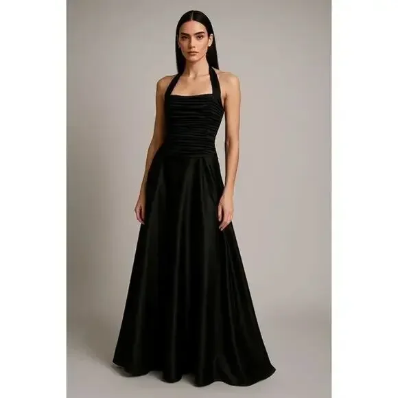 VTG Tadashi Shoji Black Halterneck Long Formal Gown SZ 2 Event Paneled Dress EUC - Picture 1 of 11